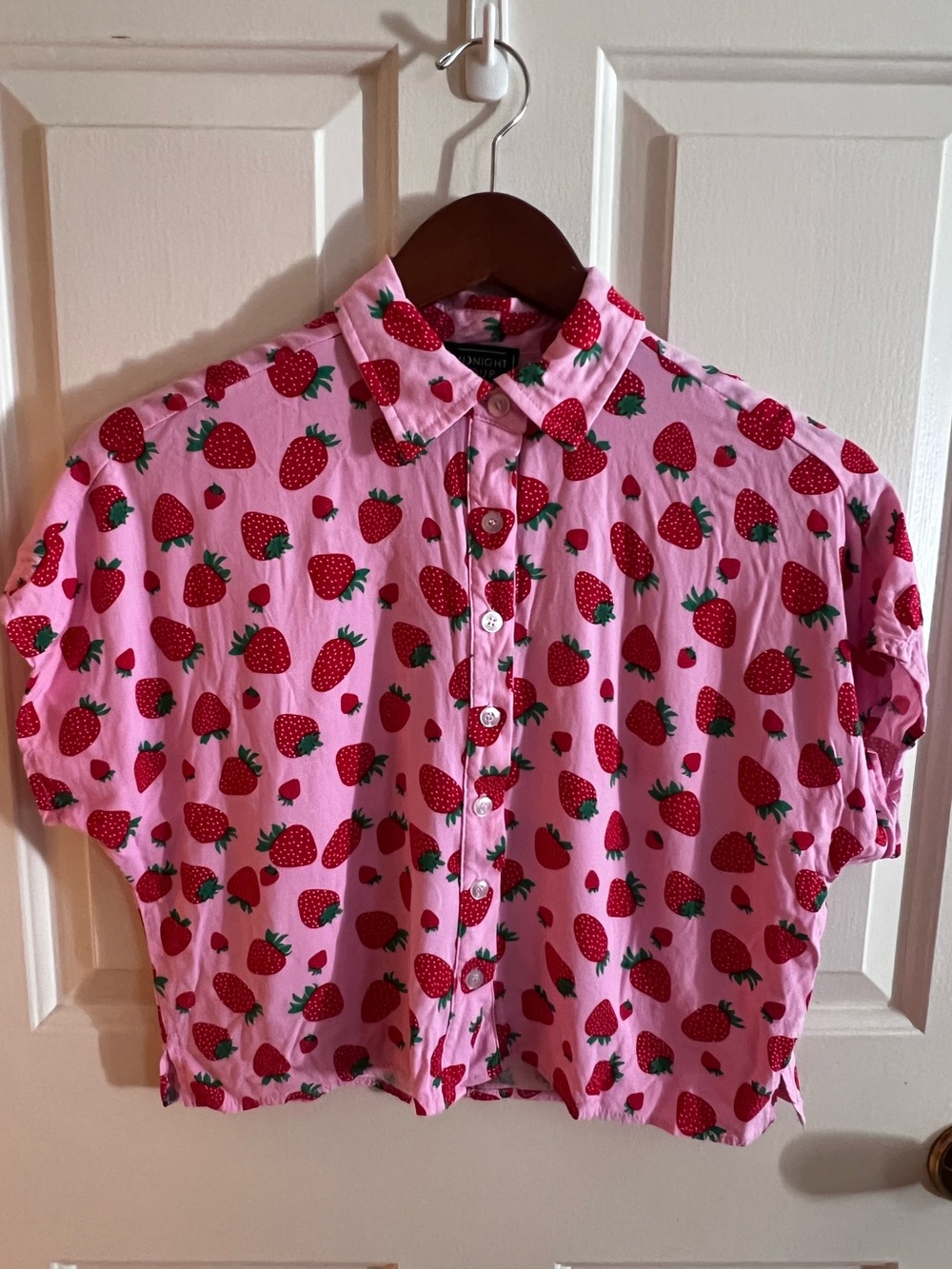 Pink Strawberry Print Button-Up Cropped Shirt from Hot Topic